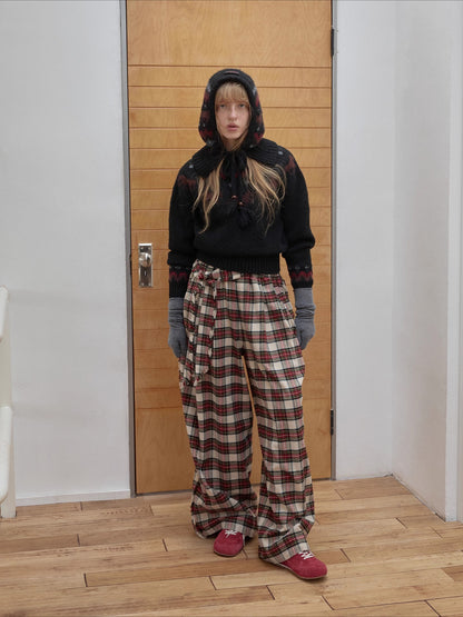 Vintage Red Plaid Brushed Cotton Wide-Leg Pants