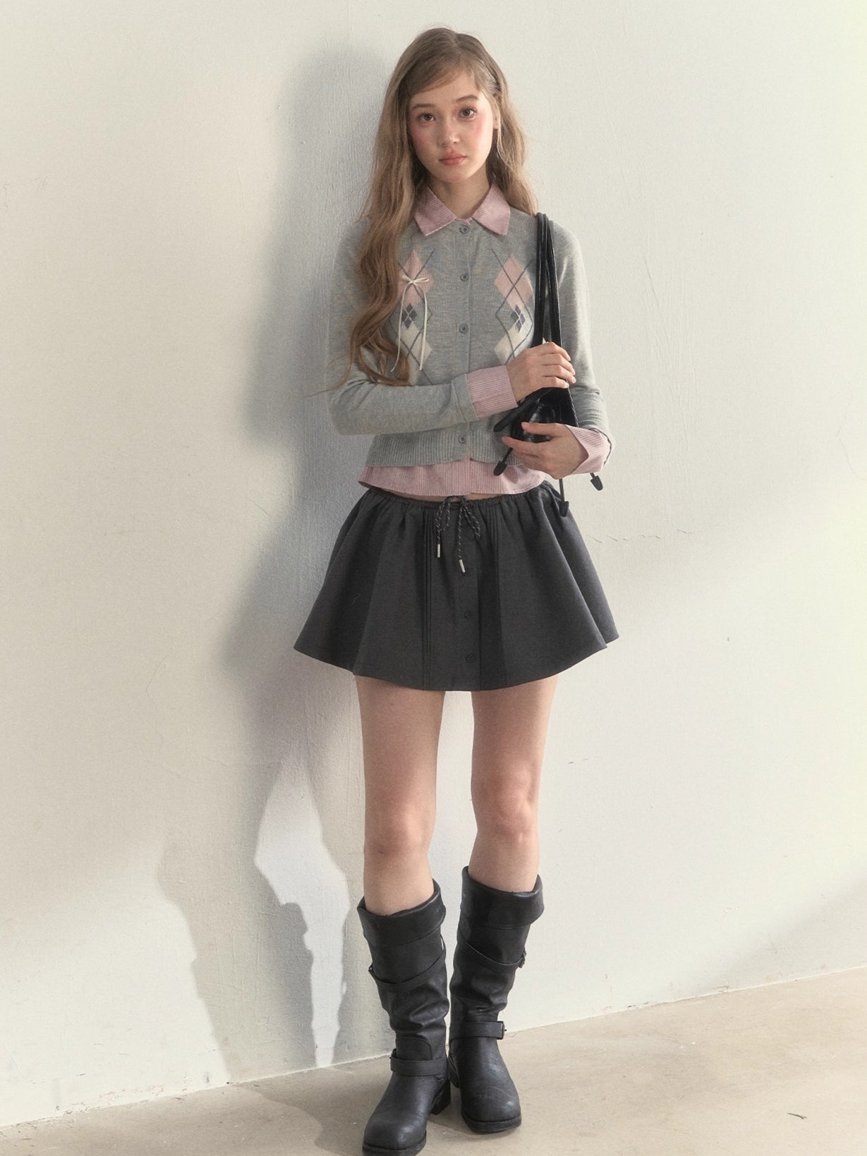 Layered Argyle Shirt Collar Knit Cardigan