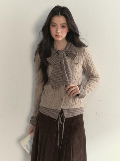 Retro Bow-Tie Preppy Layered Cable Knit Cardigan