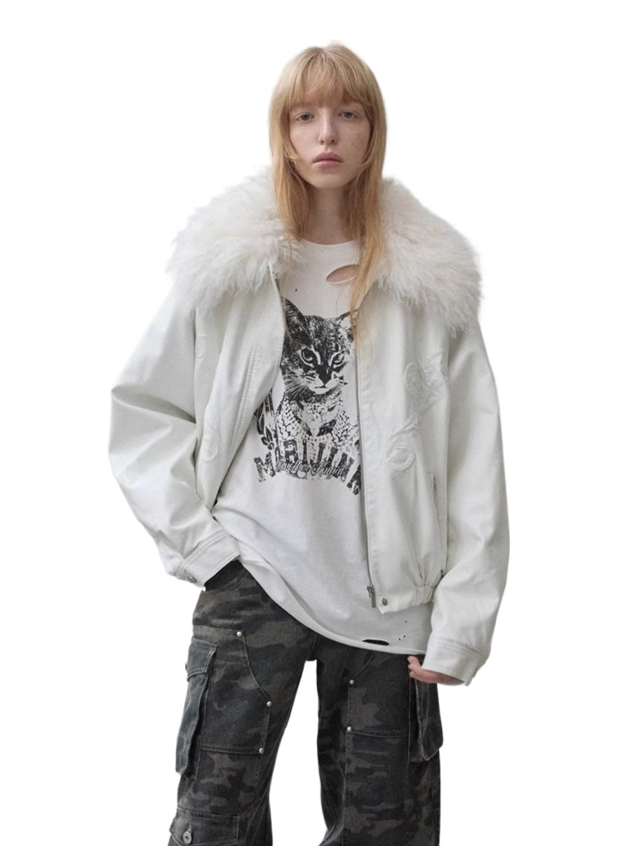 Embossed Faux Leather Puffer Detachable Fur Collar Jacket