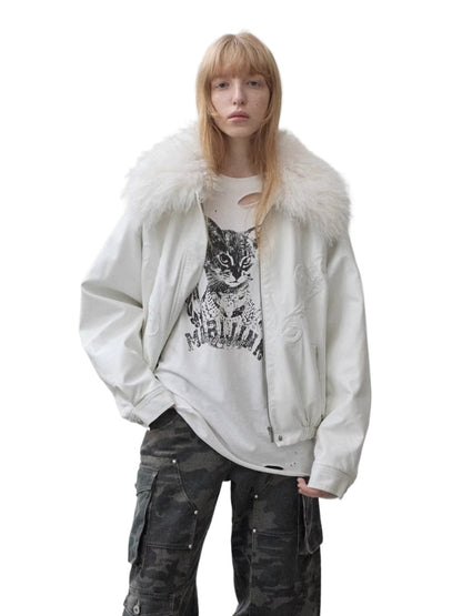 Embossed Faux Leather Puffer Detachable Fur Collar Jacket