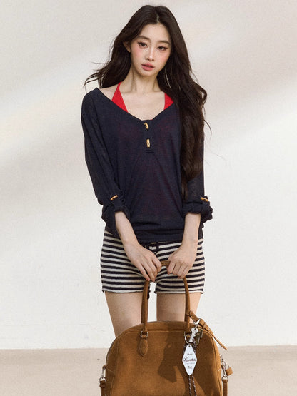 Stripes Contrast Knit Low-Rise Mini Shorts