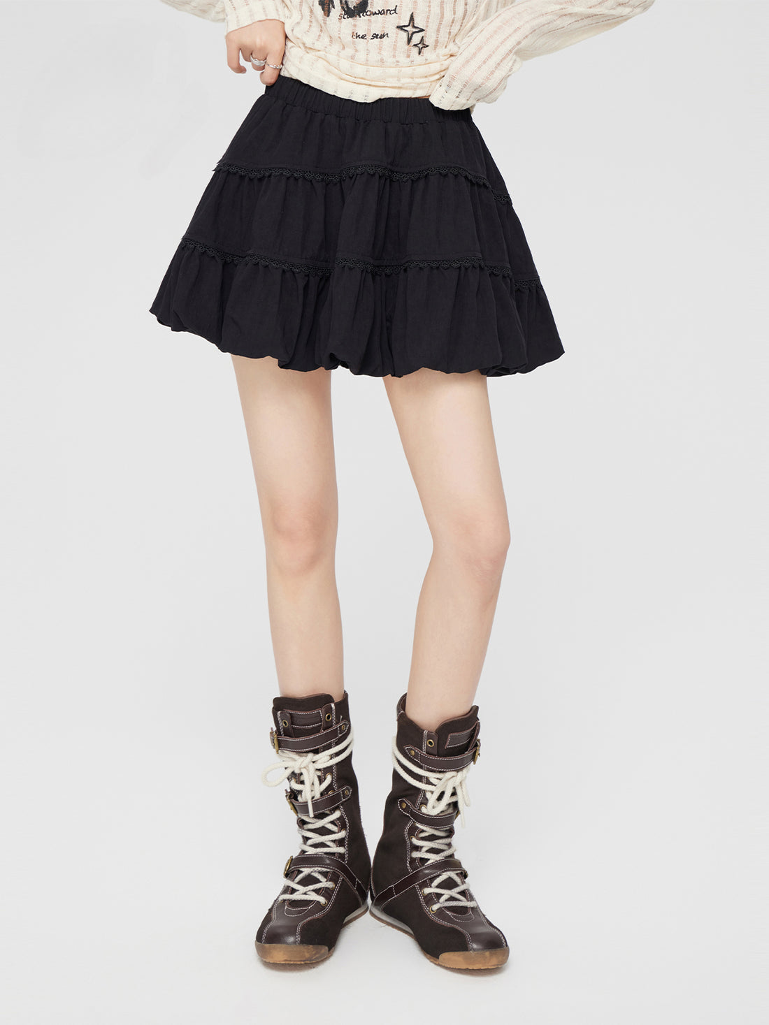 Black &amp; White Lace Stitching Cake Skirt - CHINASQUAD