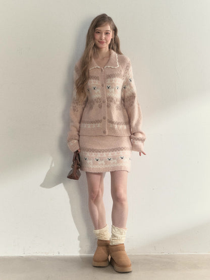 “Puppy Fair Isle” Vintage Knit Cardigan &amp; Skirt Set