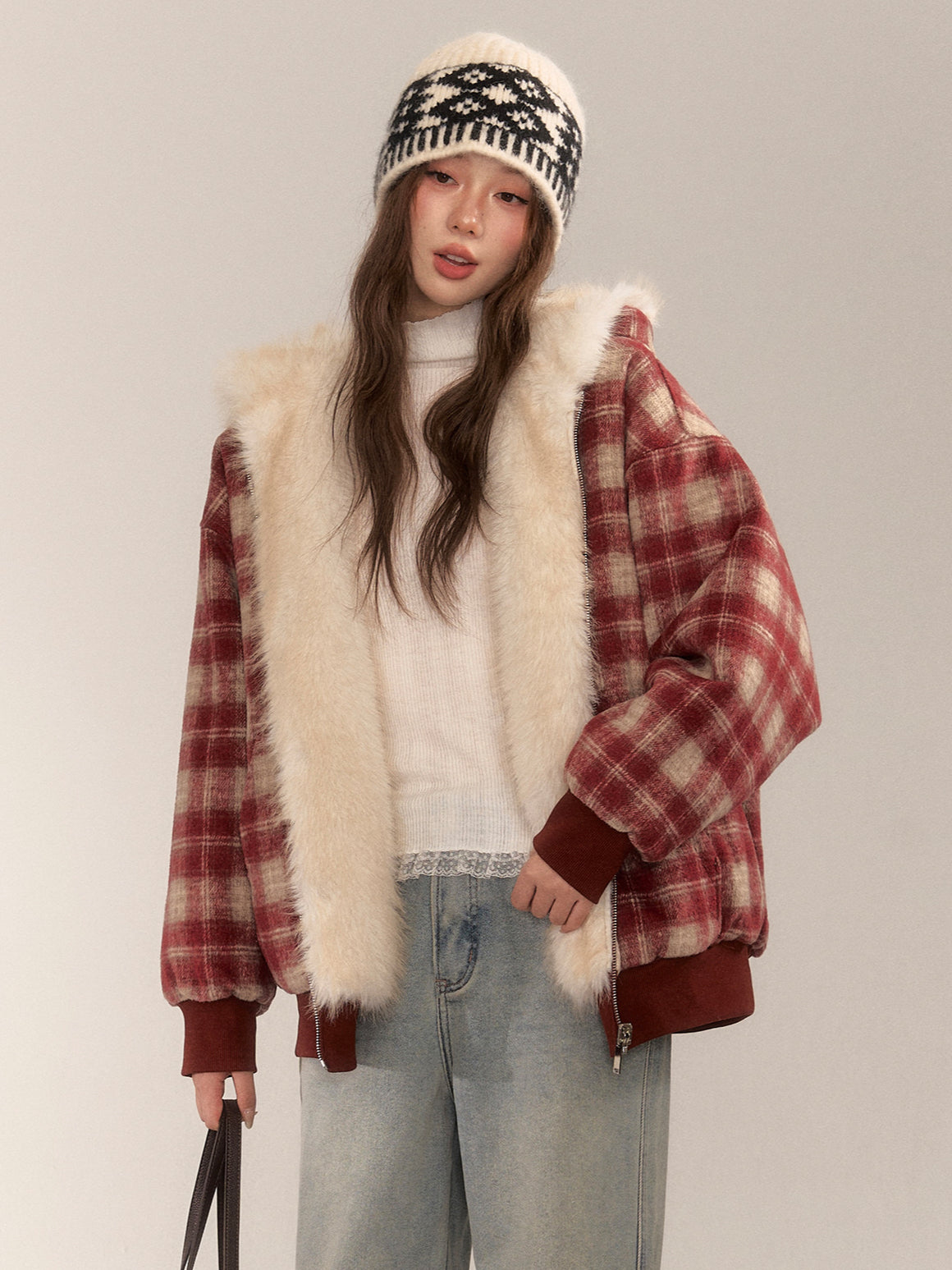 Reversible Plaid Faux Fur Coat