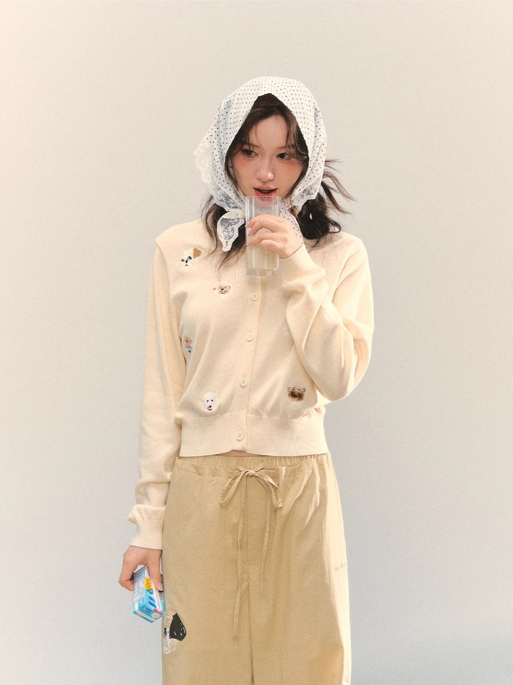 Dog Embroidery Crew Neck Knit Cardigan
