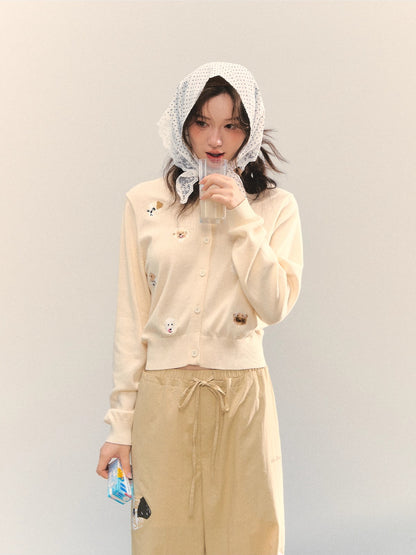 Dog Embroidery Crew Neck Knit Cardigan