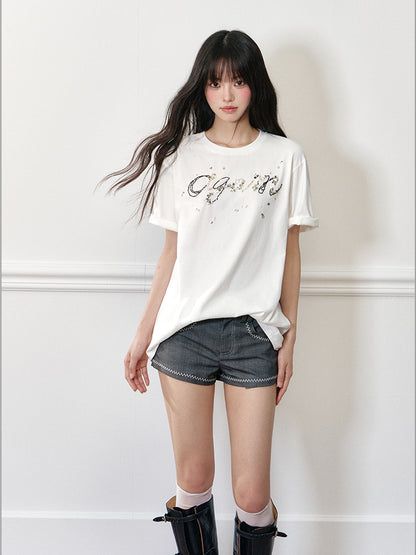 LOGO Bead Embroidered Short Sleeve T-shirt - CHINASQUAD
