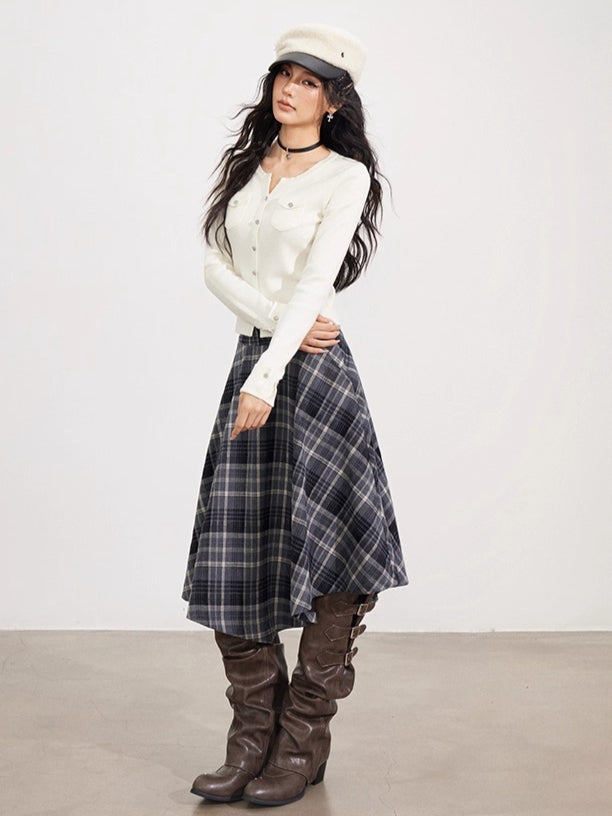 Asymmetrical Wool Plaid Midi Skirt