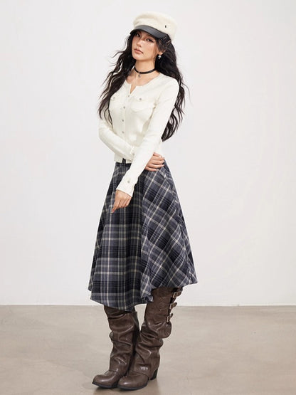 Asymmetrical Wool Plaid Midi Skirt