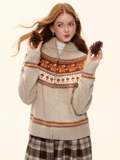 Zip-Up Wool-Blend Knit Cardigan