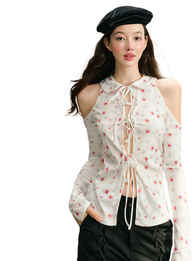 Black &amp; White Off-Shoulder Tie-Back Knit Cardigan - CHINASQUAD
