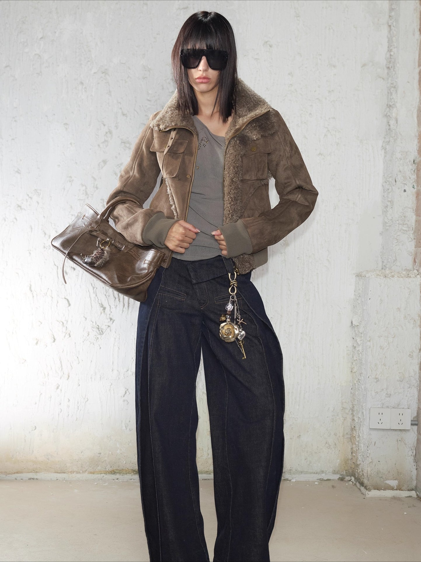 Rhinestone Frayed-Edge Knit T-Shirt