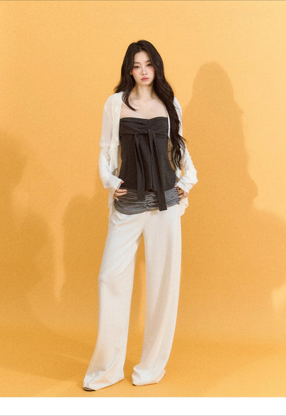 Layered Ruffle-Edge Cardigan &amp; Tube Top Set