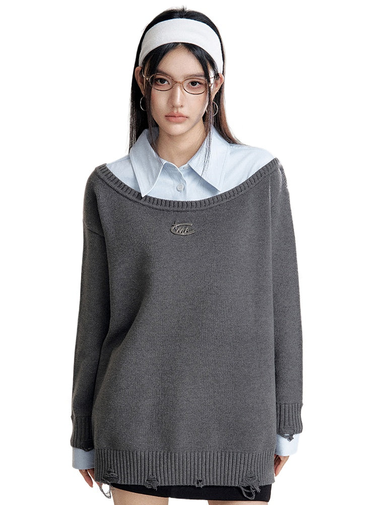 Shirt-Panel Asymmetric Knit Sweater