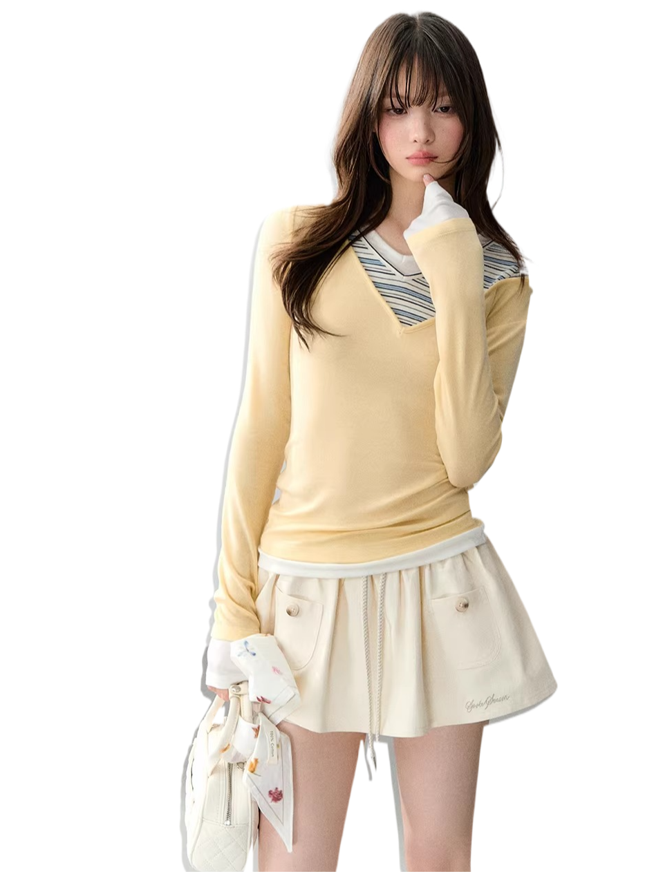 Lyocell Wool Blend Faux Layered V-Neck Fitted Top