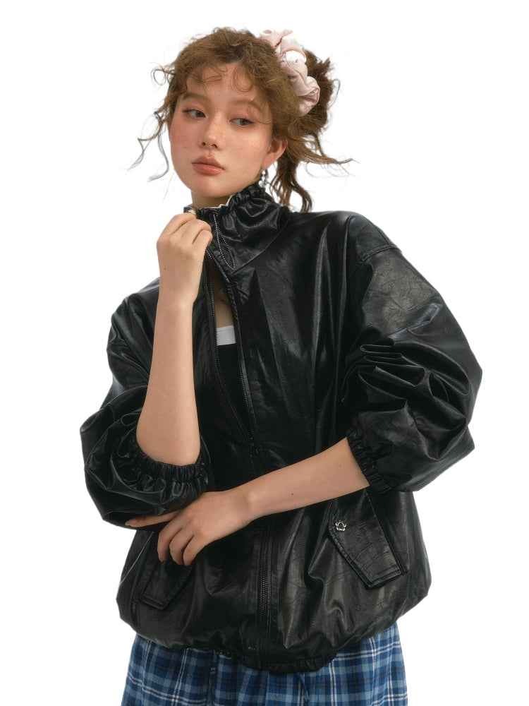 Oil Wax Leather Casual Trench Coat