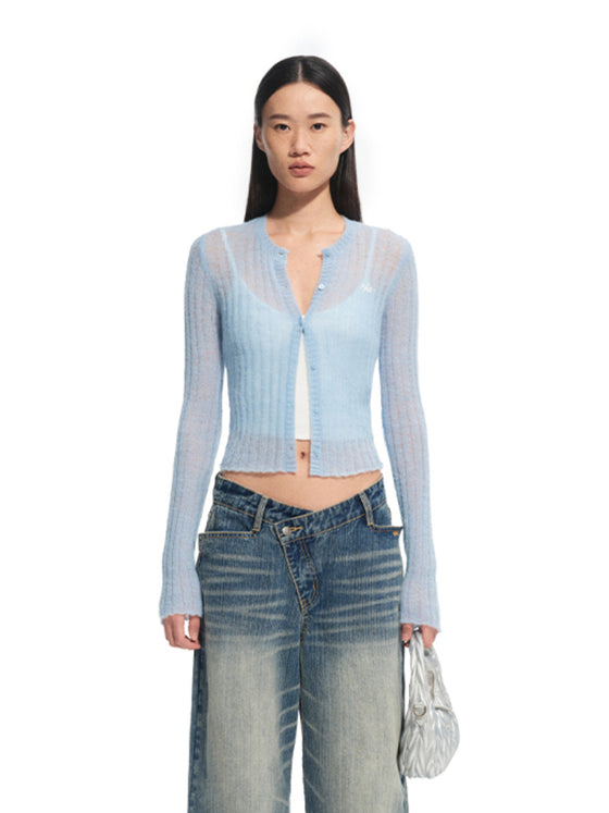 Alpaca Mohair Slim Fit Hollow-out Knit Blouse