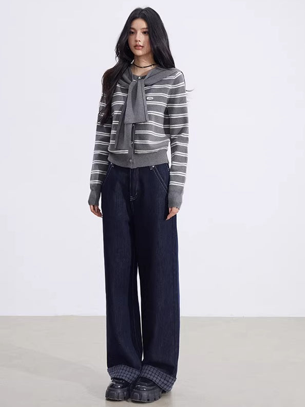 Striped Knit Cardigan &amp; Shawl Two-Piece Set