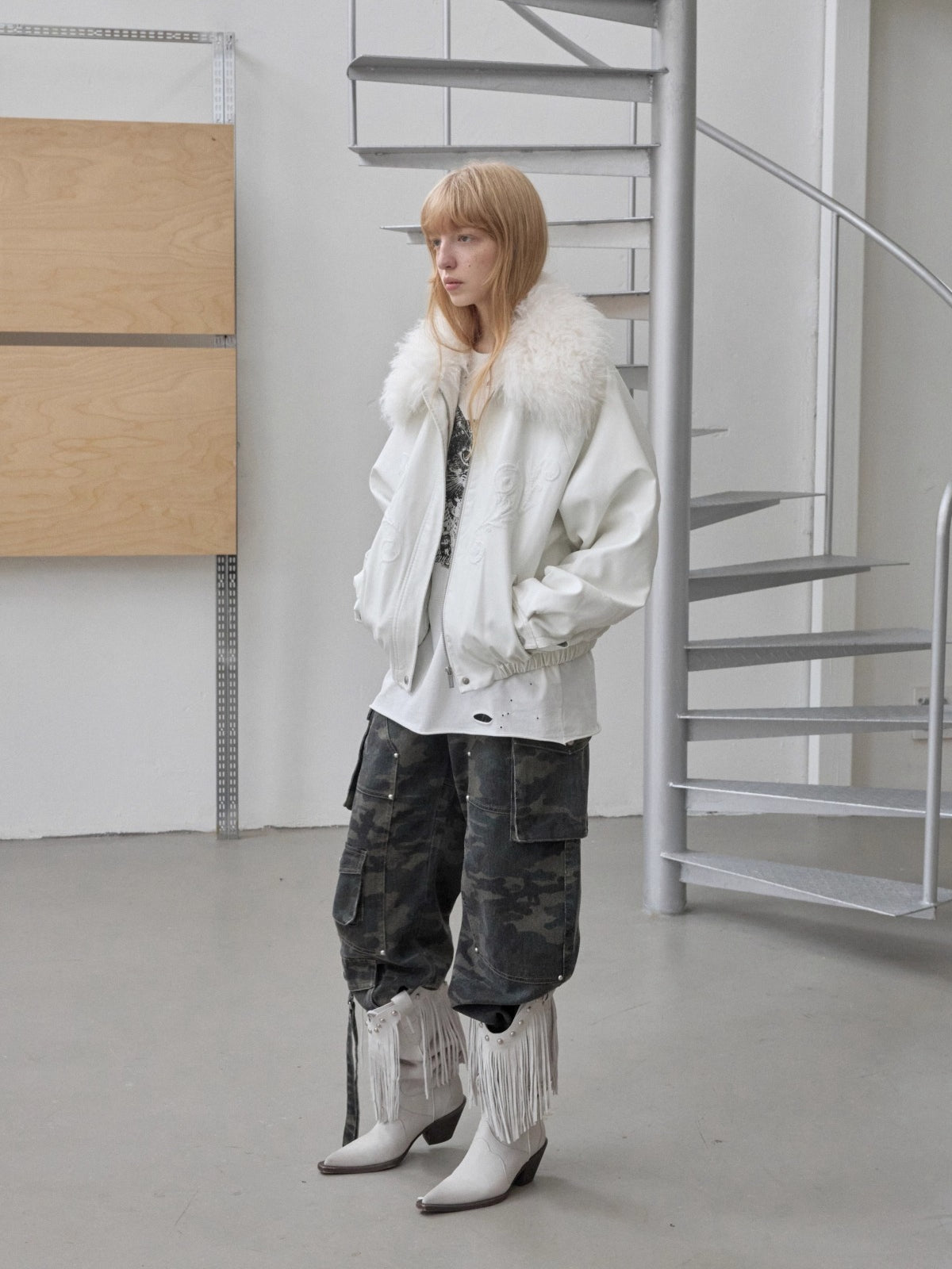 Embossed Faux Leather Puffer Detachable Fur Collar Jacket