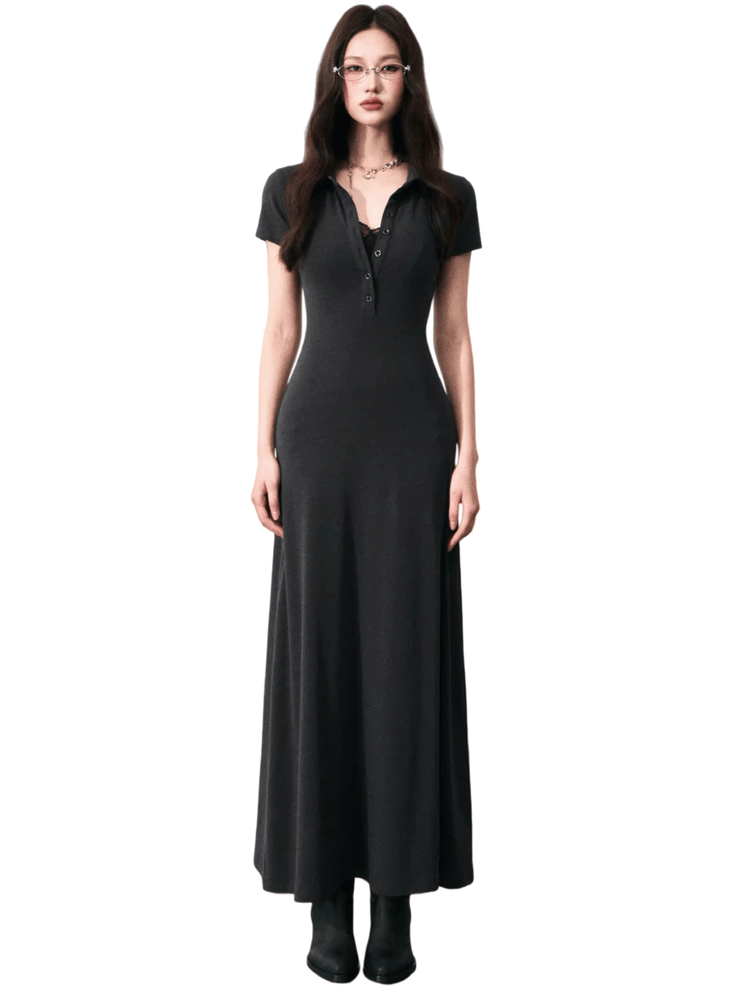 Half-Placket Polo Collar Knit Maxi Dress