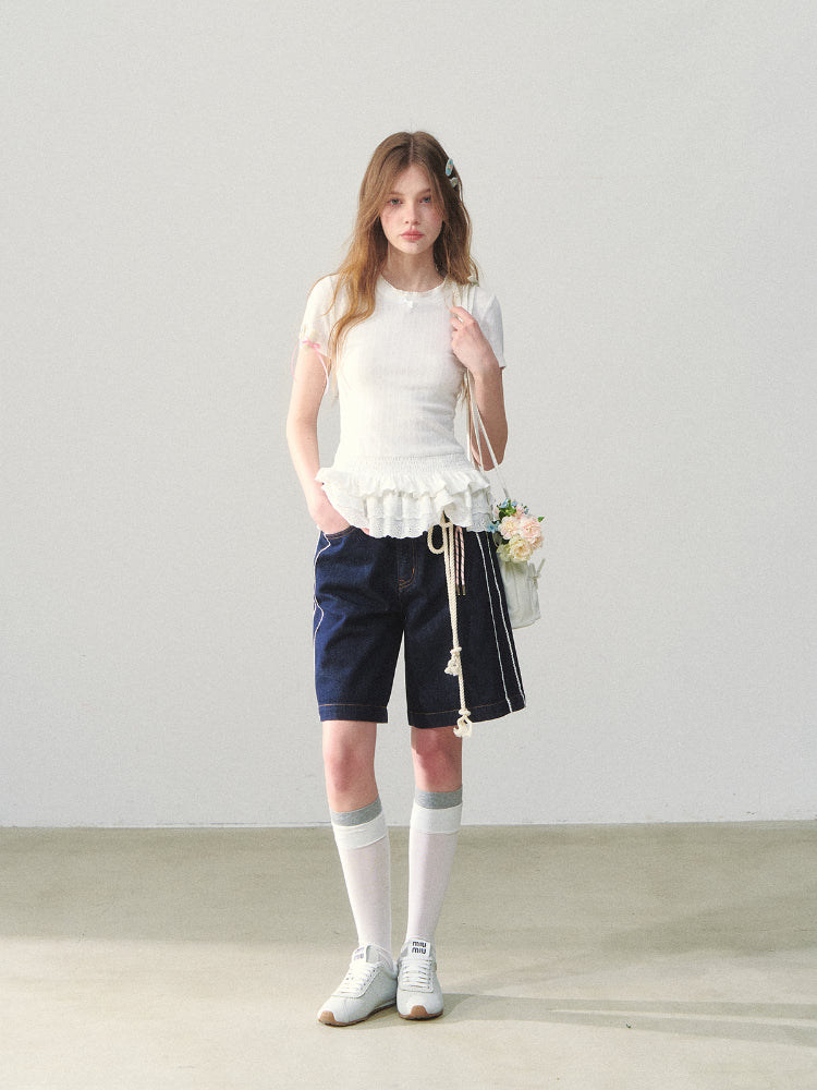 White Lace-hem Short-sleeve T-shirt