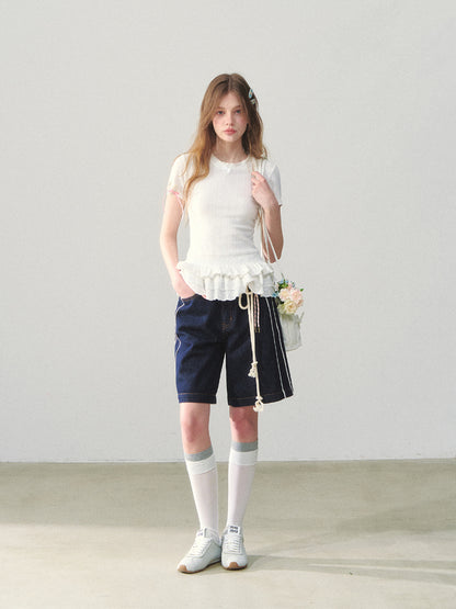White Lace-hem Short-sleeve T-shirt