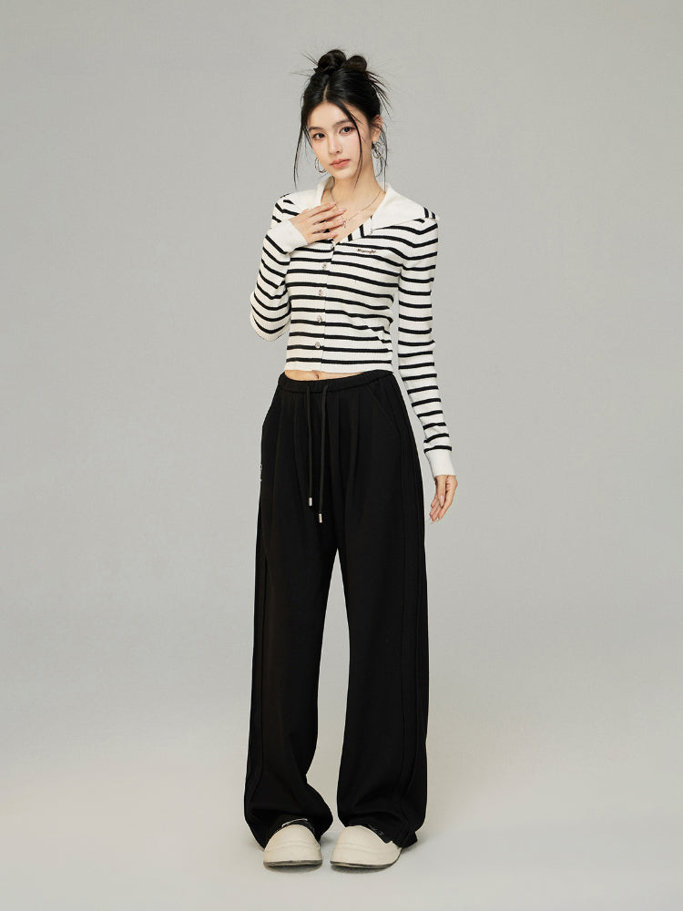 Black &amp; Off-white Knit Wide-Leg Pants