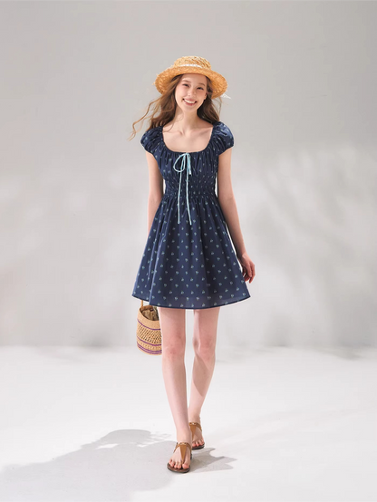 French Floral Tie-Waist Square Neck Puff Sleeve Dress