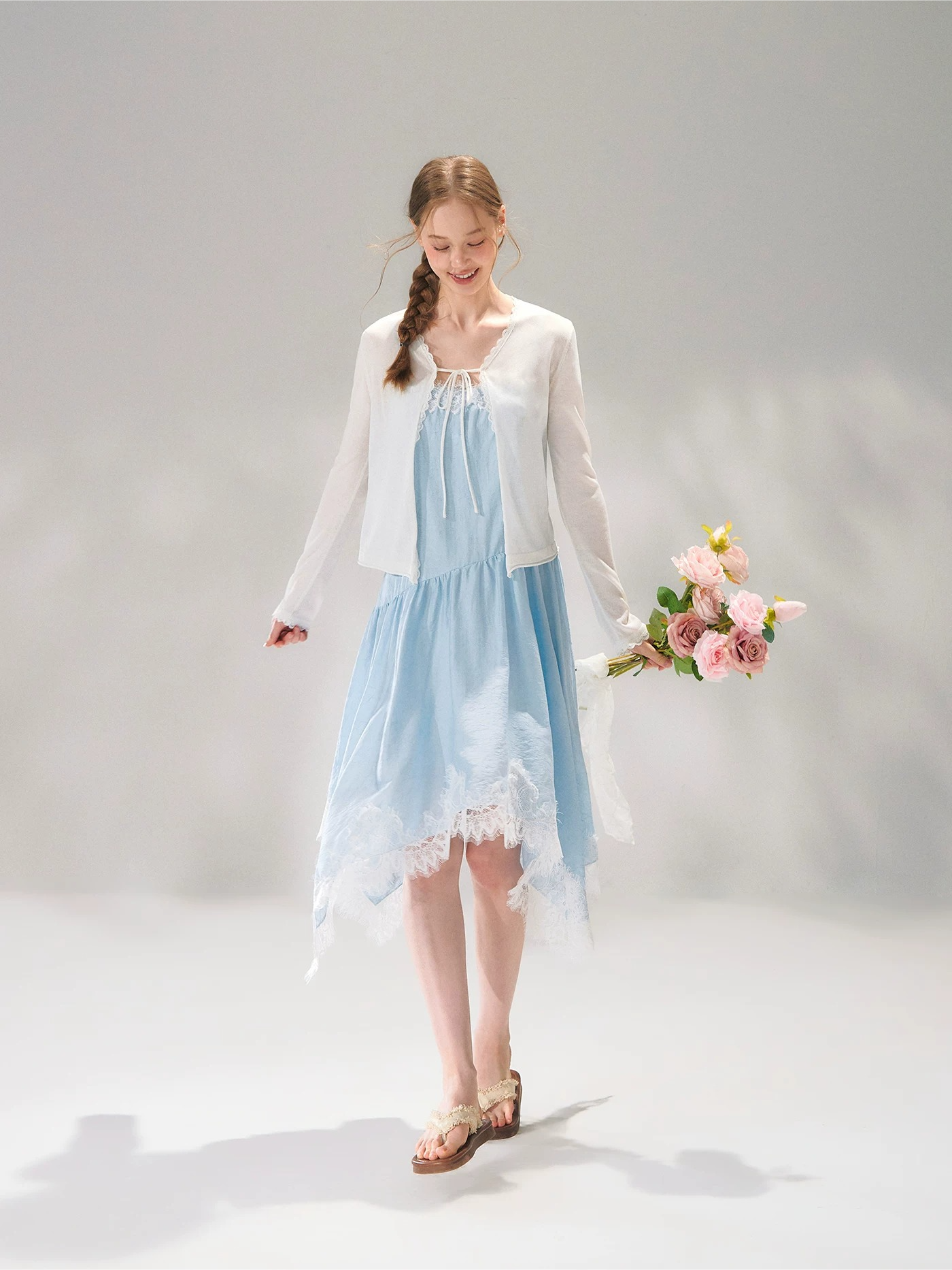 Asymmetric Lace-Trim Slip Midi Dress