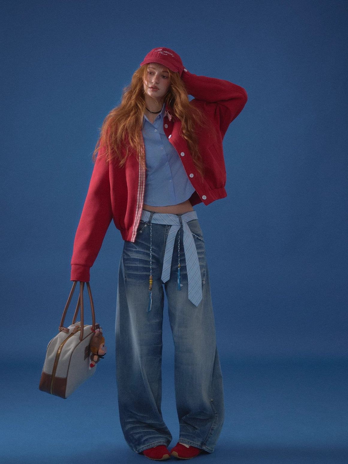 Beaded Tie-Waist Washed Denim Pants
