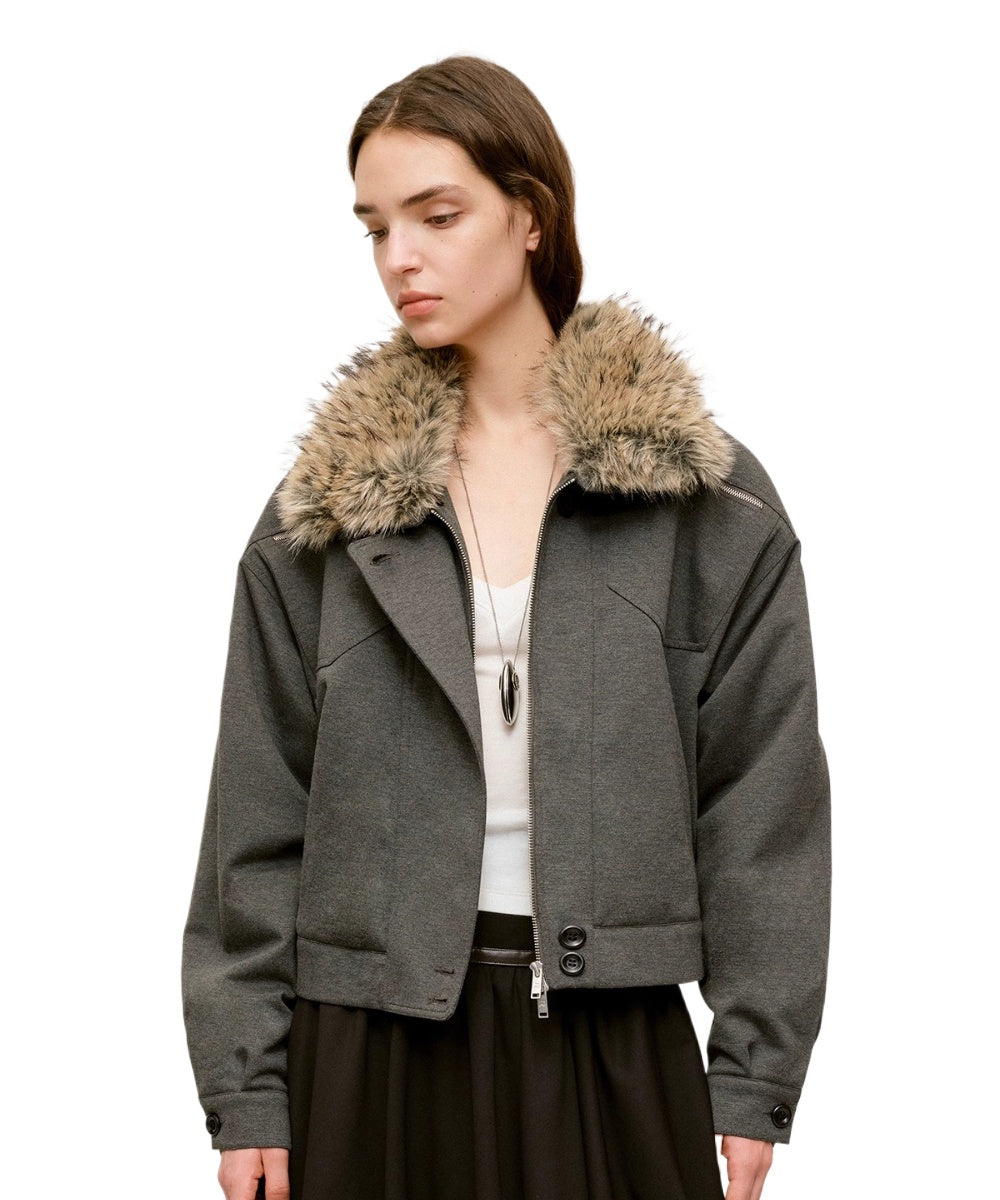Detachable Fur Collar Knit Zip-Up Jacket