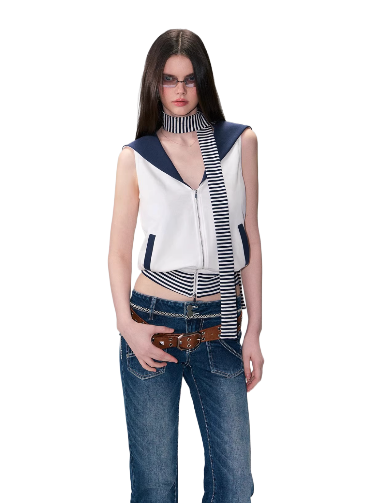 Color-Block Nautical Sailor Collar Sleeveless Top