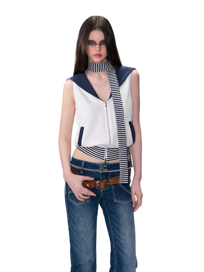 Color-Block Nautical Sailor Collar Sleeveless Top