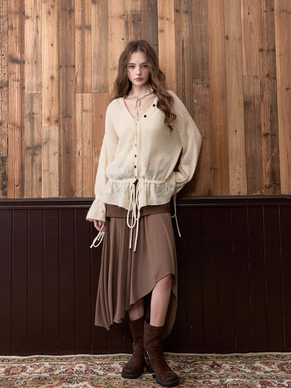Drawstring Openwork Wool Knit Cardigan