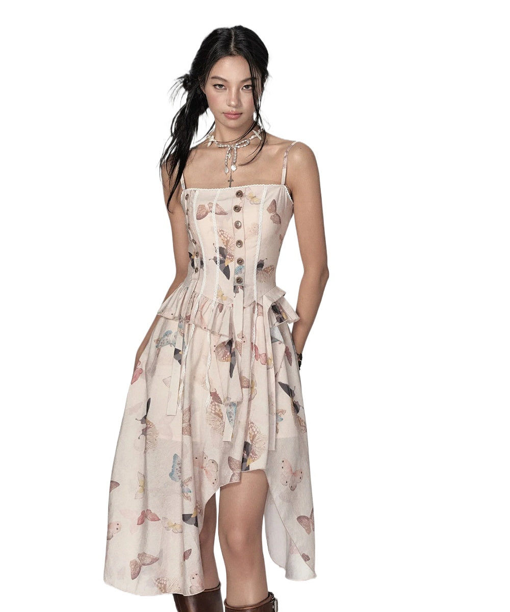 Butterfly Print Irregular Hem Dress - CHINASQUAD