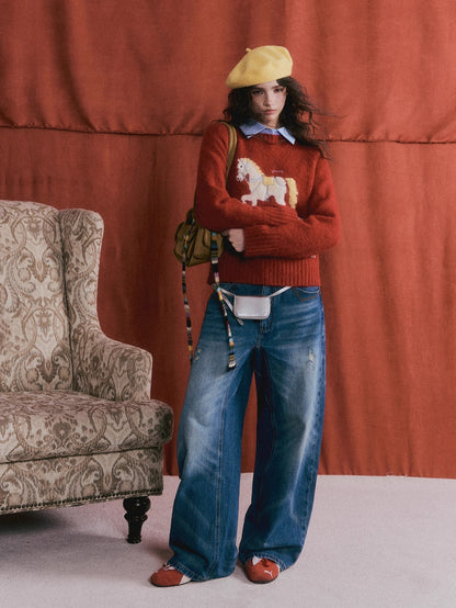 Vintage Washed Distressed Wide-Leg Jeans