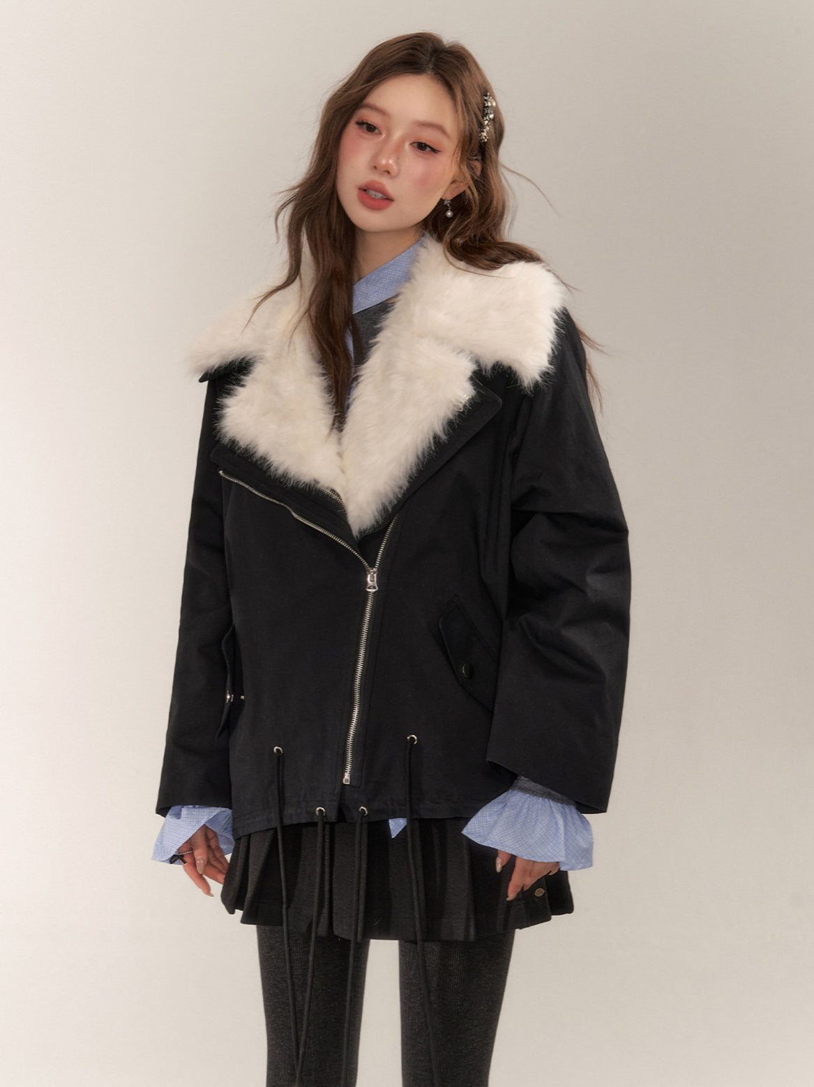 Detachable Fur Collar Parka Coat