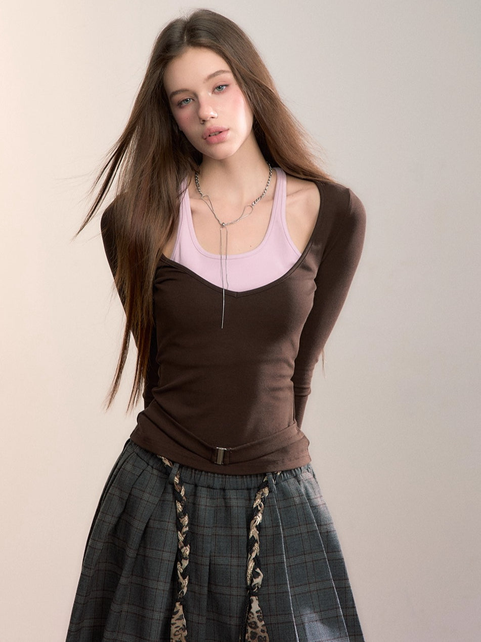 Belted Contrast Panel Knit Layered T-Shirt