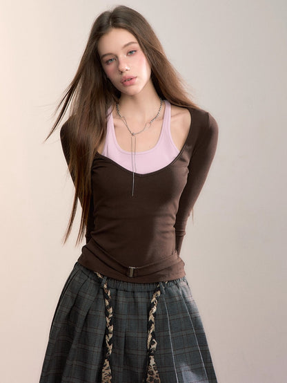 Belted Contrast Panel Knit Layered T-Shirt