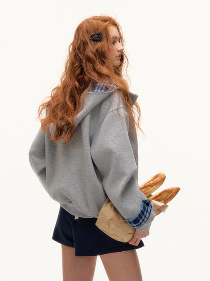 Patchwork Loose Embroidered Zip-Up Hoodie