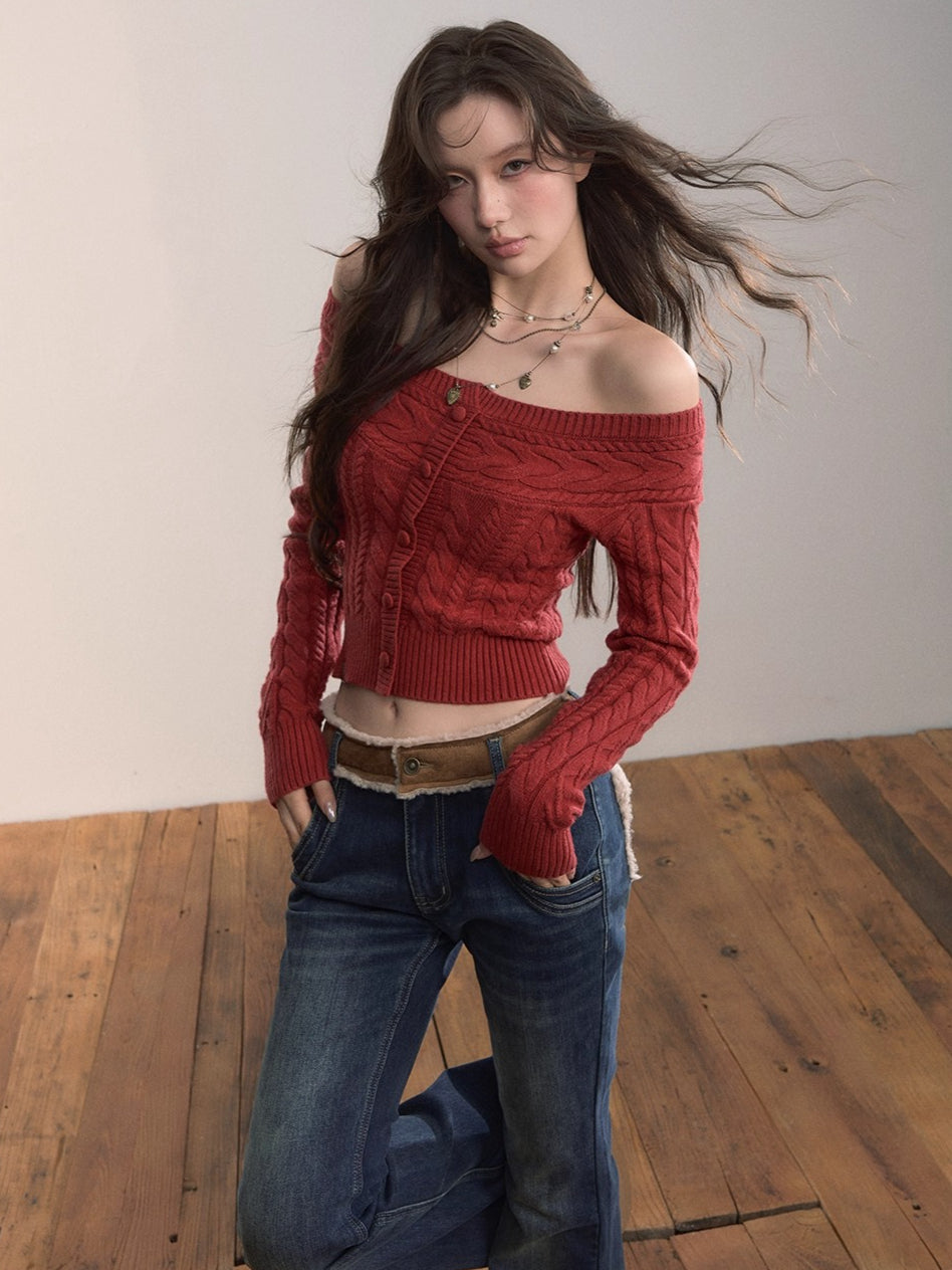 Off-Shoulder Cable Knit Cardigan