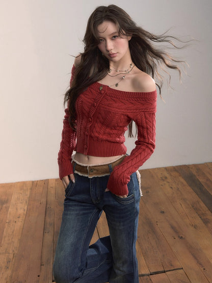 Off-Shoulder Cable Knit Cardigan