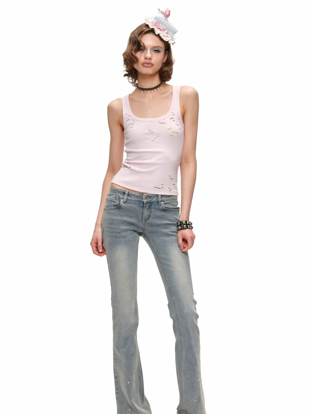 Vintage Ink-Splatter Embroidered Low-Rise Flared Jeans 1Jinn Studio