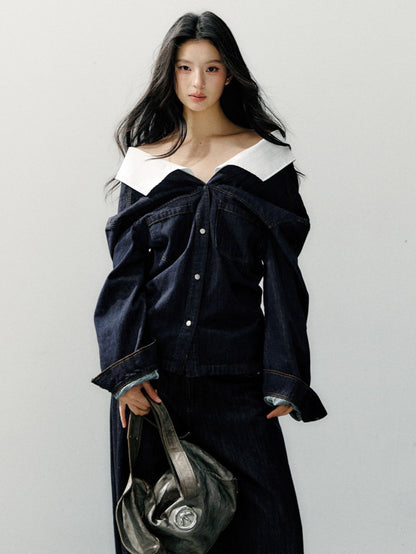 Off-Shoulder Denim Long Sleeve Shirt