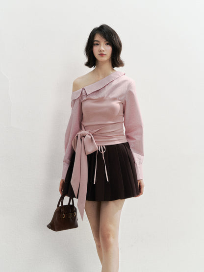 Asymmetric Shoulder Fake Two-Piece Striped Patchwork Blouse
