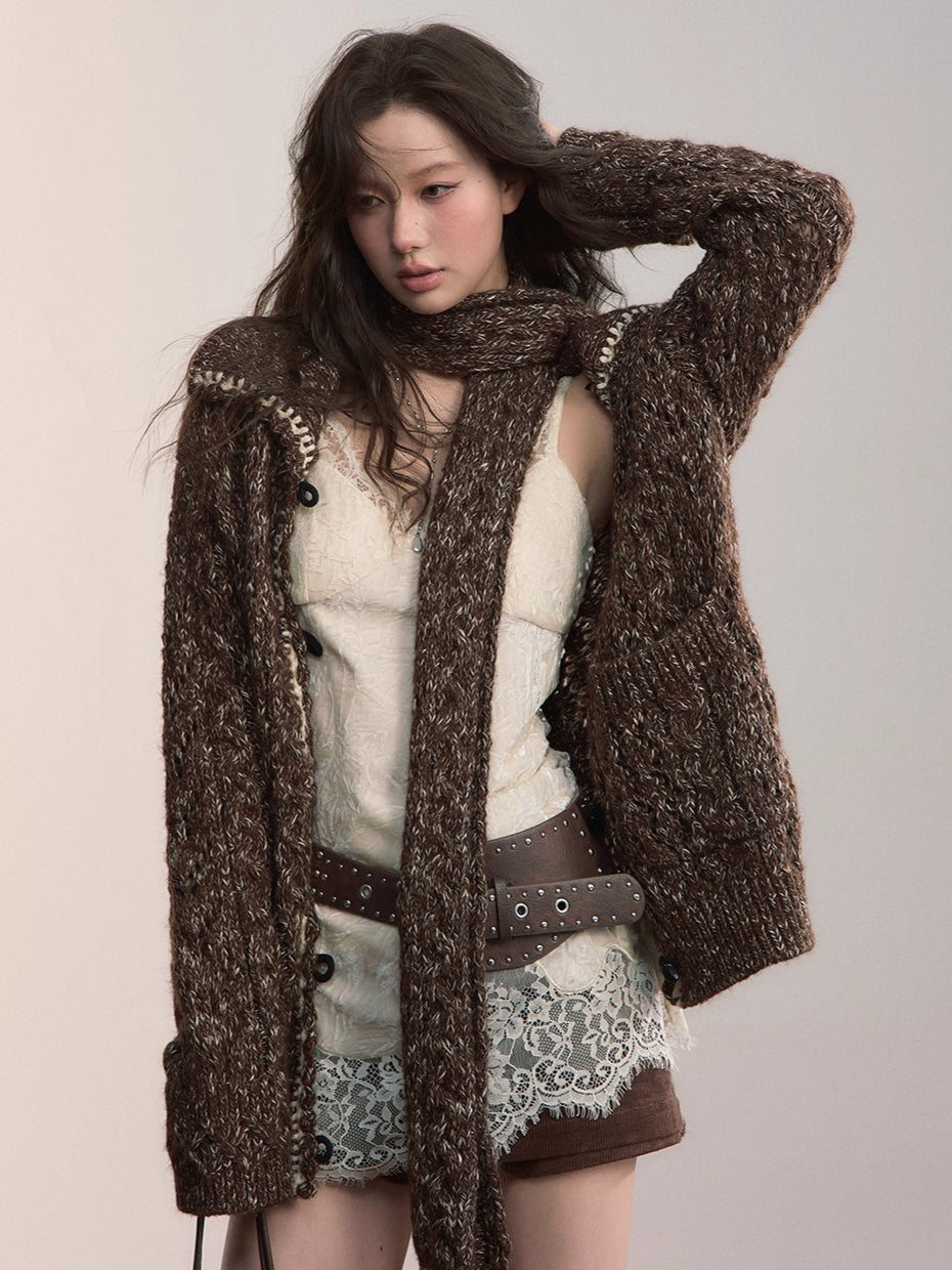Heavy-Knit Toggle Wool-Blend Cardigan with Matching Scarf