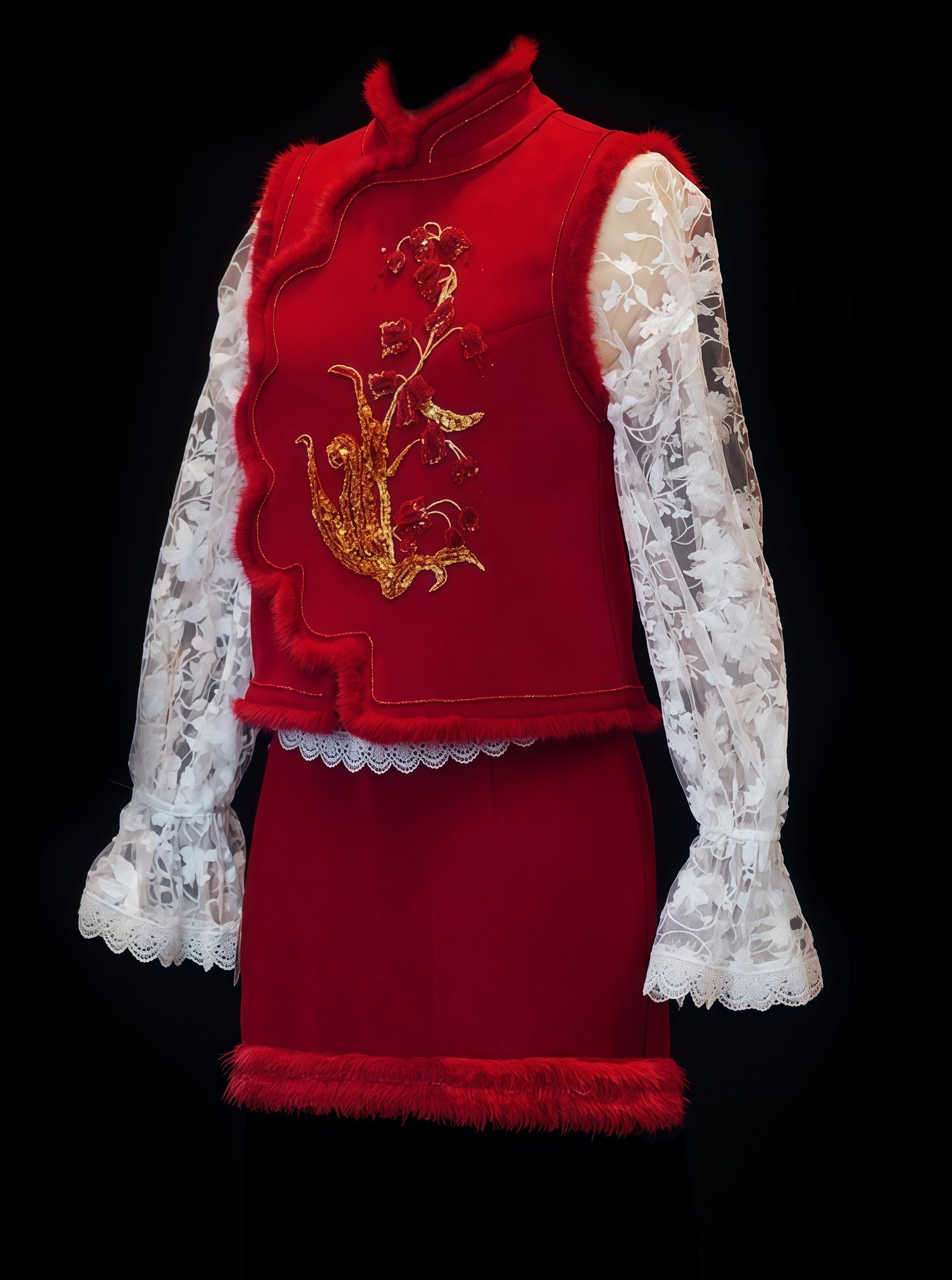Crimson Embroidered Vest Lace Blouse Set