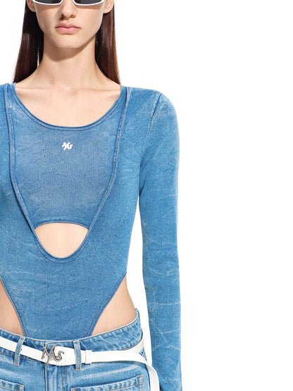 &quot;Caracal Series&quot; Washed Crinkle Denim Mesh Bodysuit
