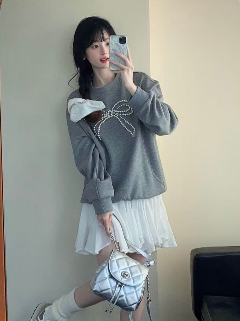 Gray &amp; Navy Blue Butterfly Knot Beaded Pullover Sweatshirt